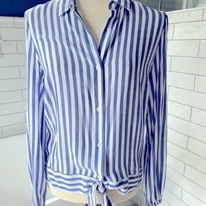LC Lauren Conrad Blue and White Stripe Button Down Blouse W/Tie Front